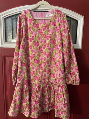 Girls Pink Tulip Print Long-Sleeve Dress